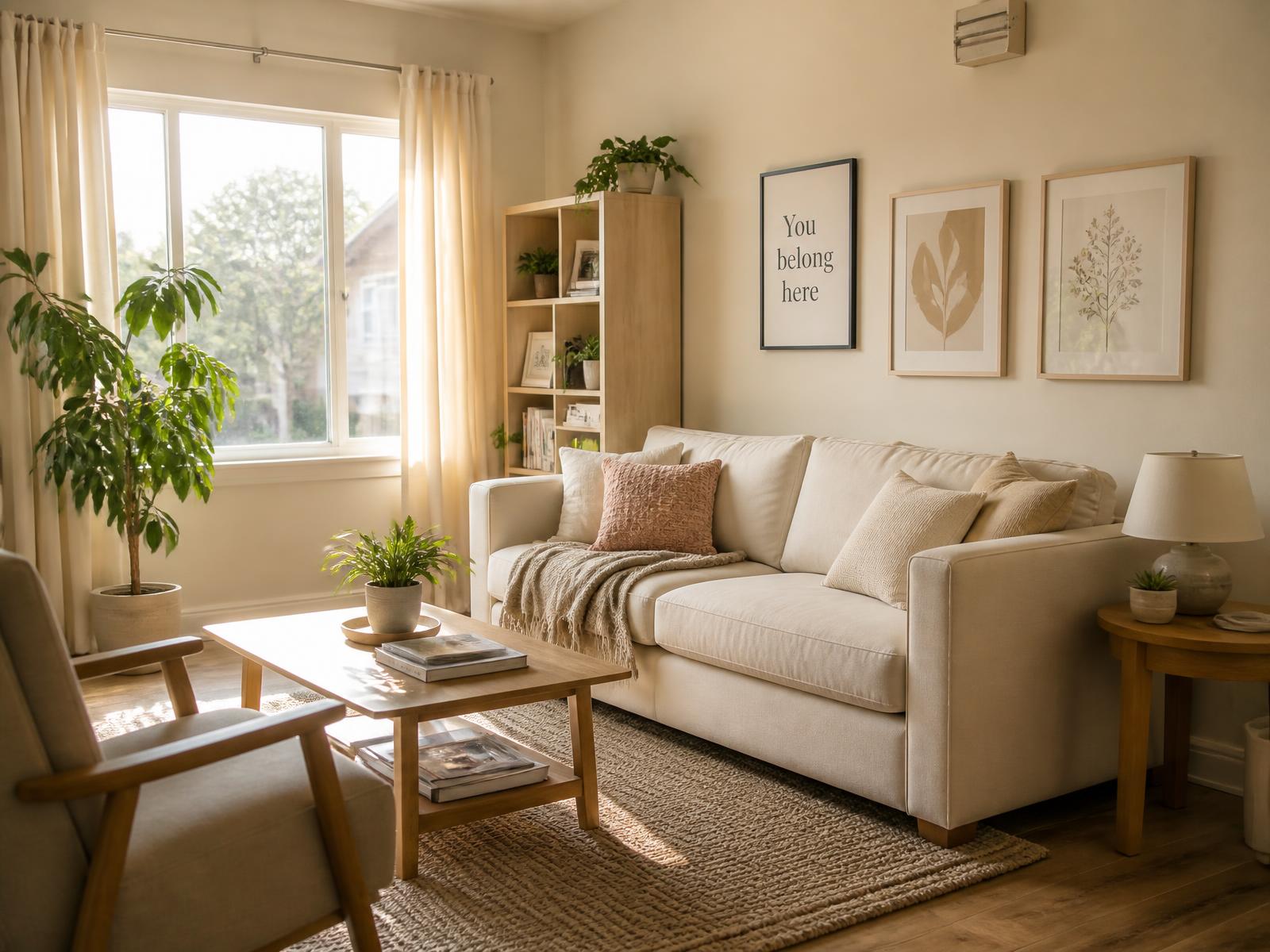 Warm, sunlit shared living room at Lake Oasis Supportive Living